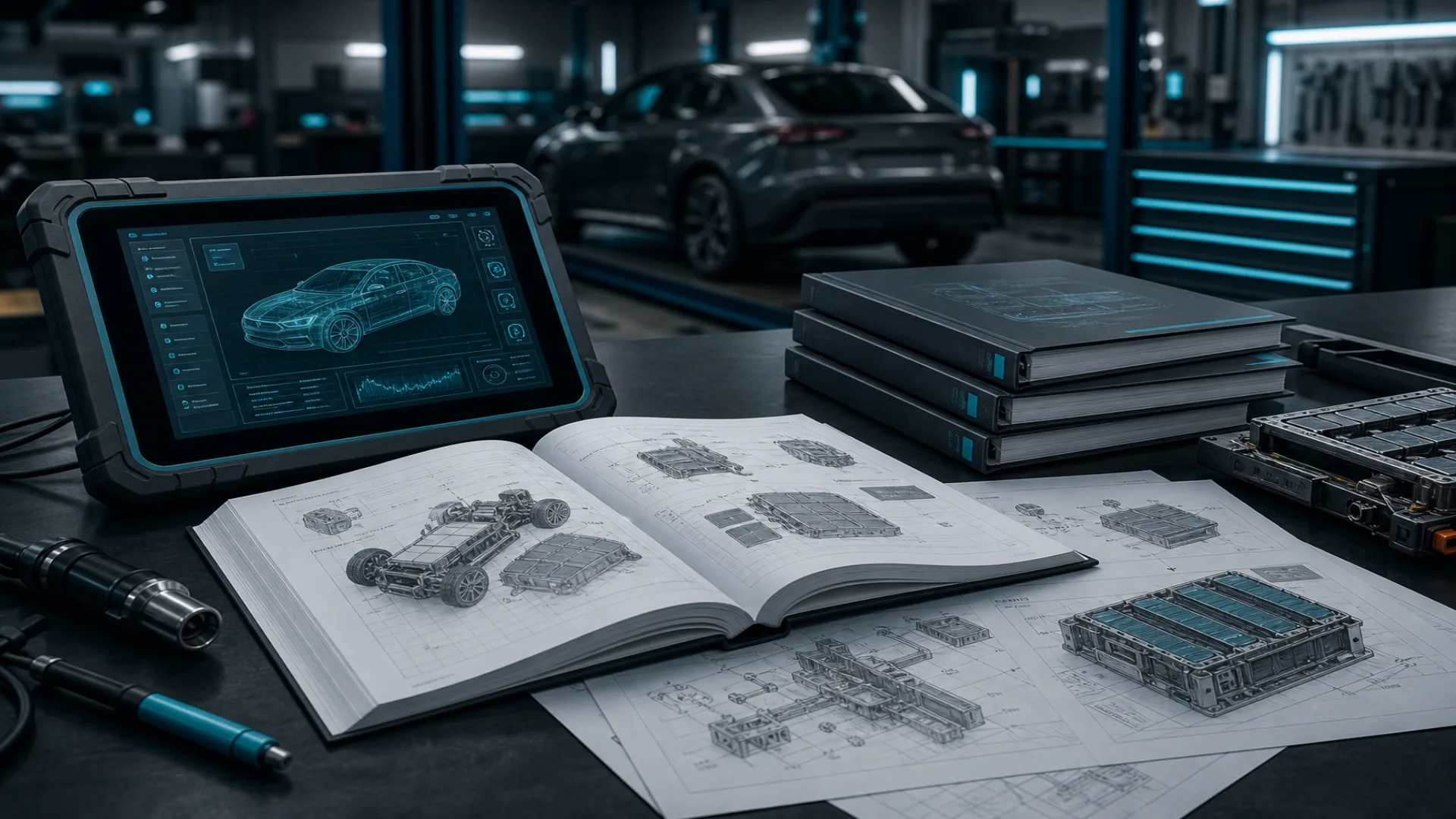 Technische Unterlagen und Diagnose-Display zu Elektrofahrzeugen, 1920x1080